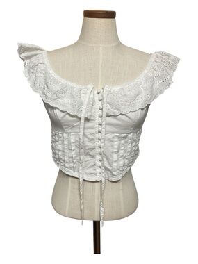 •Forever 21 White Eyelet Ruffle Front-Tie Crop Top